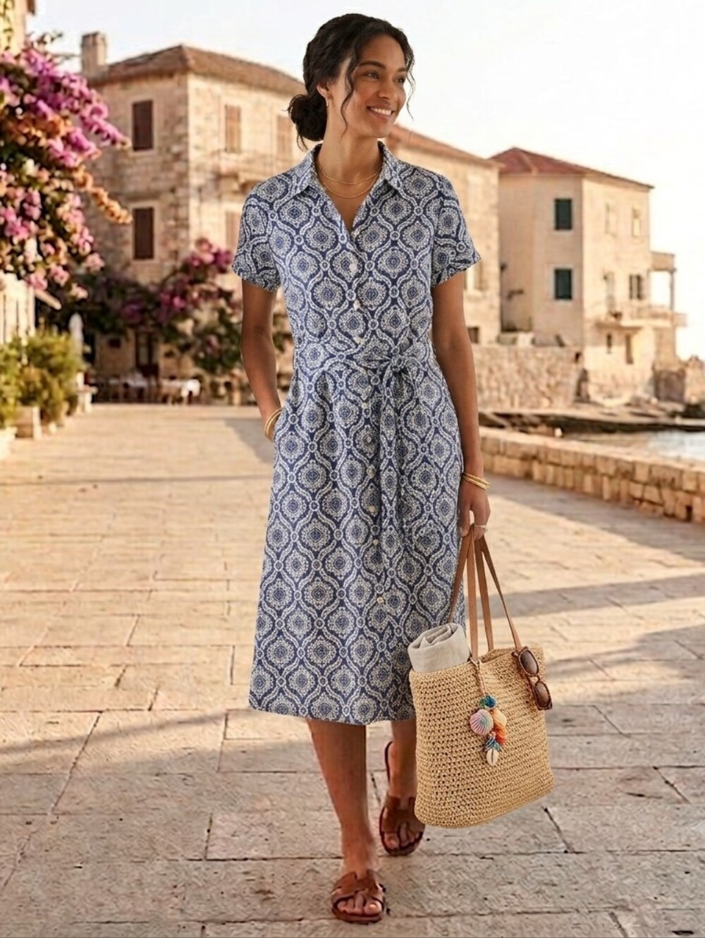 Sigrid Olsen Linen Coastal Mediterranean Midi Shirt Dress Blue White M